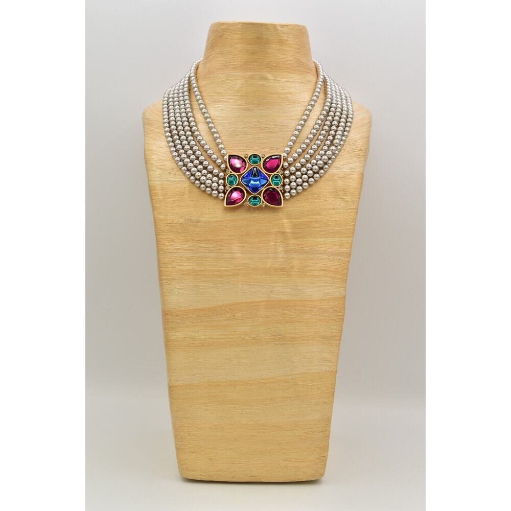 YSL Goosens Vintage Cabochon Necklace Collar Multi-Strand Crystal Signed BinBM - Picture 11 of 16